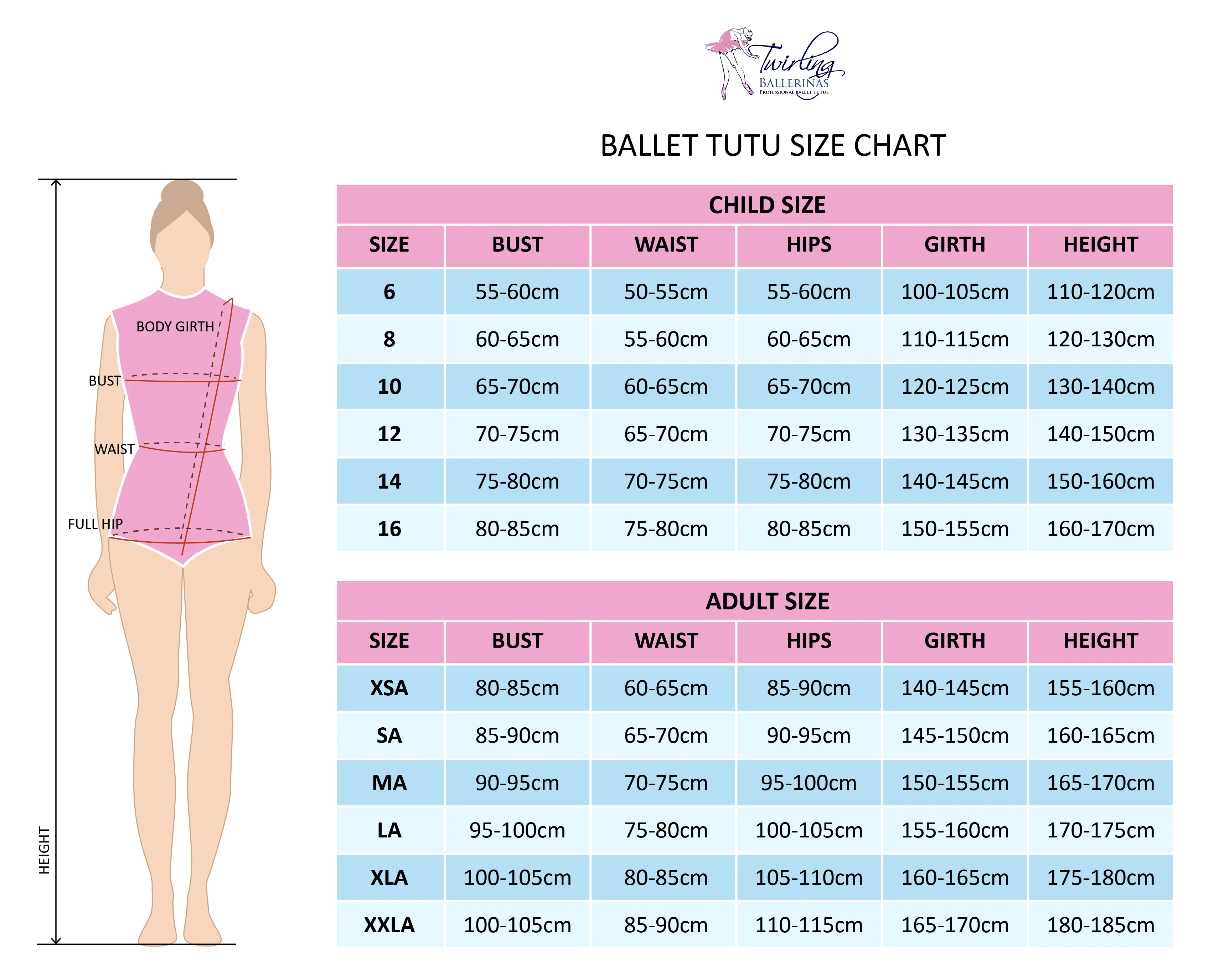 Twirling ballerinas size chart