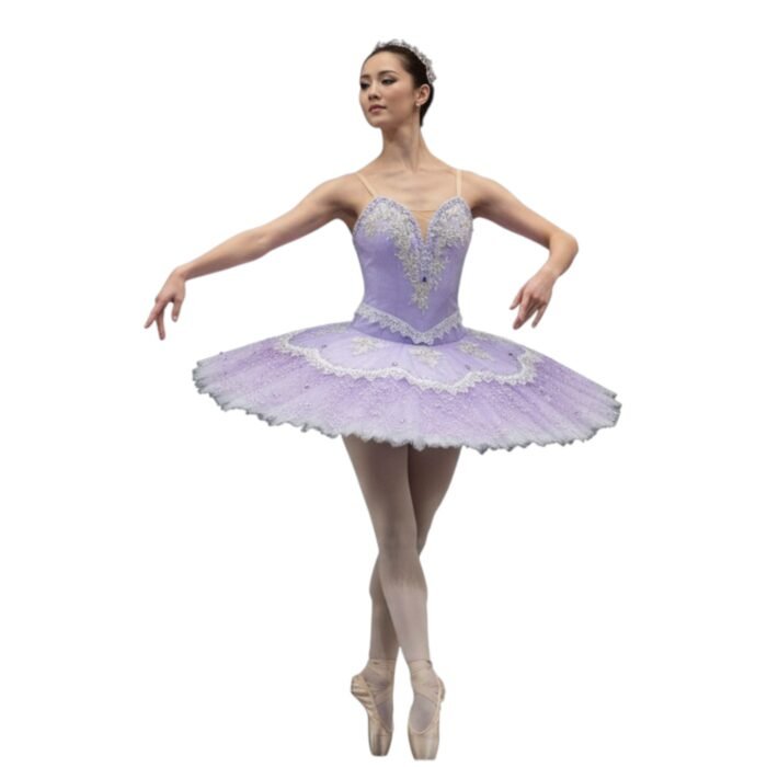 Ballerina wearing the Lilac Enchantment ballet tutu with ornate floral decoration and a scalloped lace skirt.